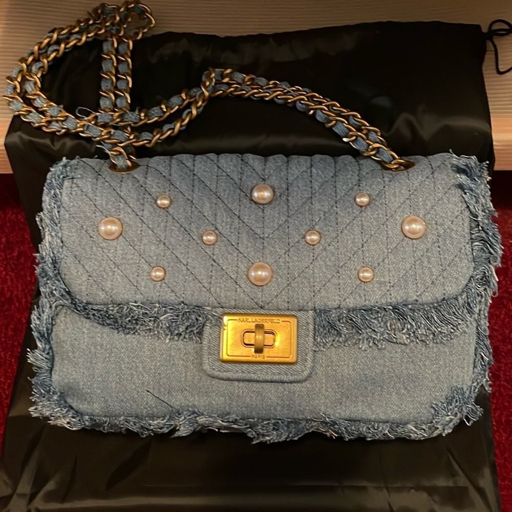 Karl Lagerfeld denim bag with pearls. Brand new with tags and dust bag